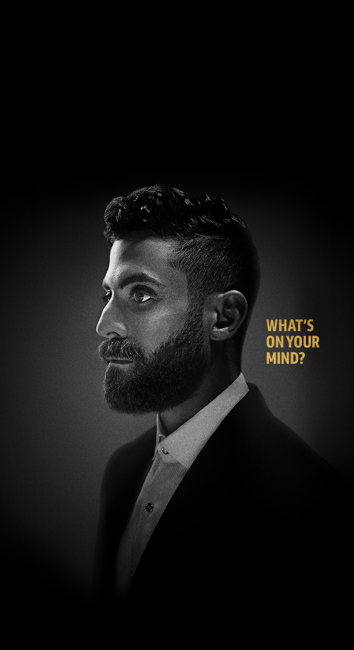 Black and white profile view image of a bearded man. The tagline next to his head reads "What's on your mind?"