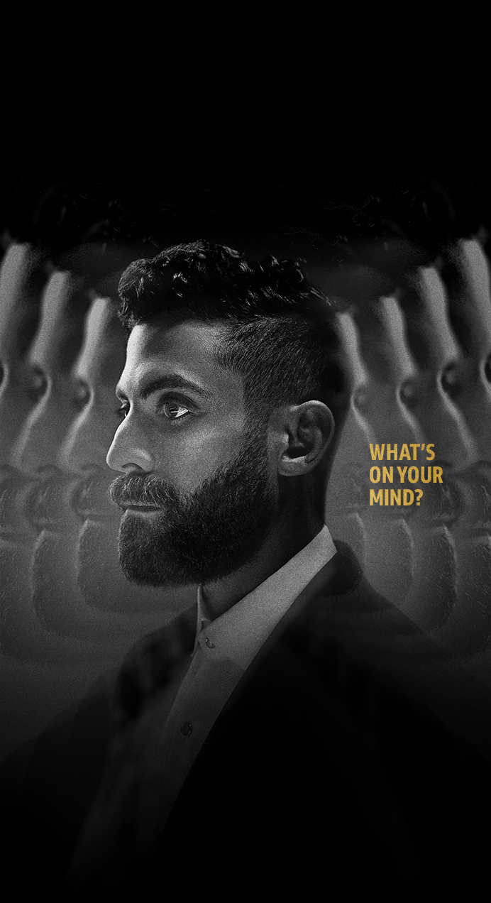 Black and white profile view image of a bearded man. The tagline next to his head reads "What's on your mind?"